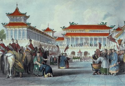 ティアオン・クワン皇帝、ジョージ・ニューエンハム・ライト（1790-1877年頃）1843年の「中国の一連の眺め」からの彼の衛兵、北京の宮殿の見直し 作： Thomas Allom